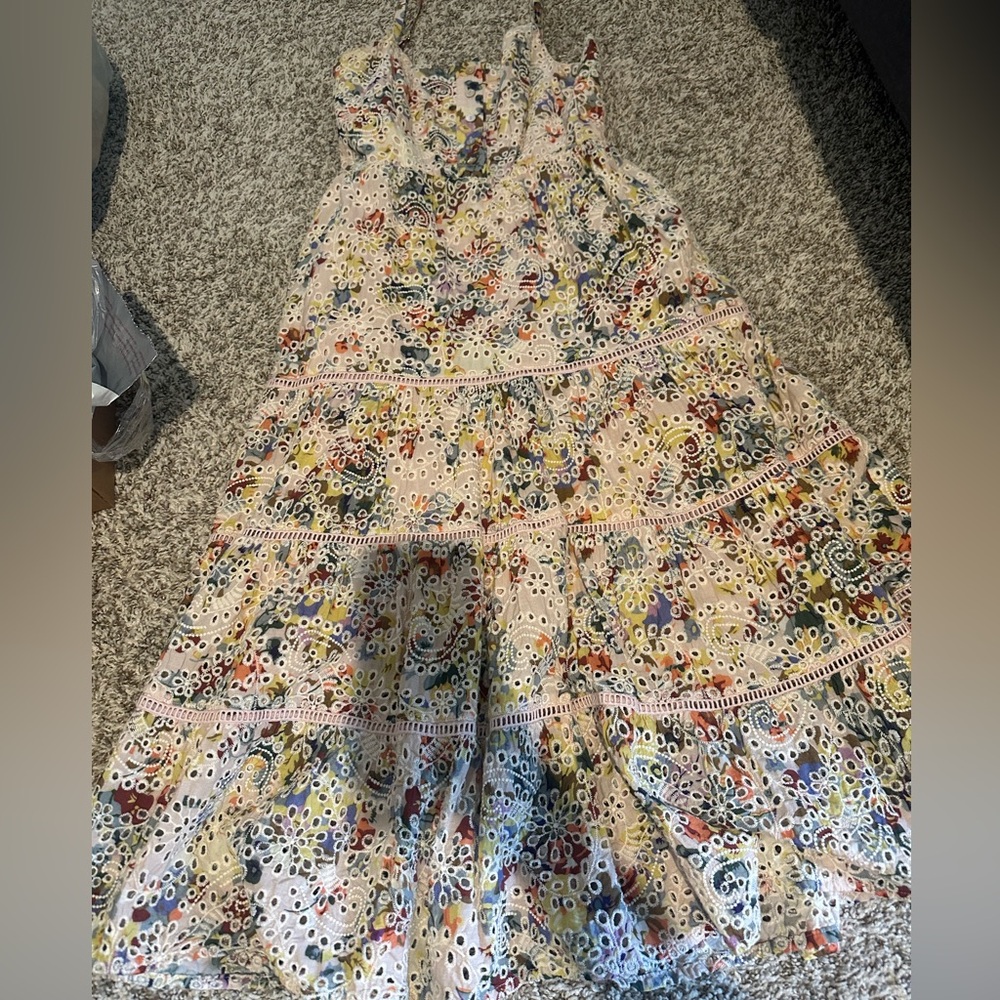 Evereve Cream Eyelet Midi Dress with Multicolor Floral Print